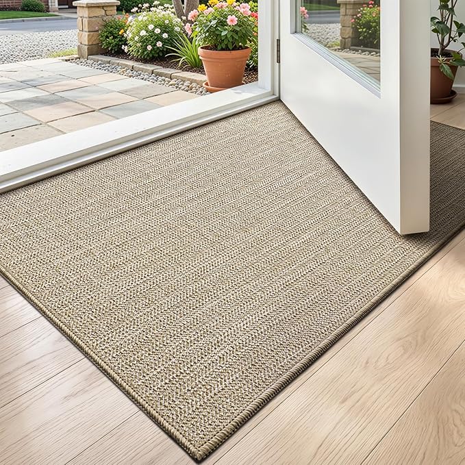 LUMI Ultra Thin Indoor Door Mat 17x30, Low Profile Entrance Mat, Non Slip Rubber Backing Dirt Trapper Doormat for Front Entryway, Beige by LUMI
