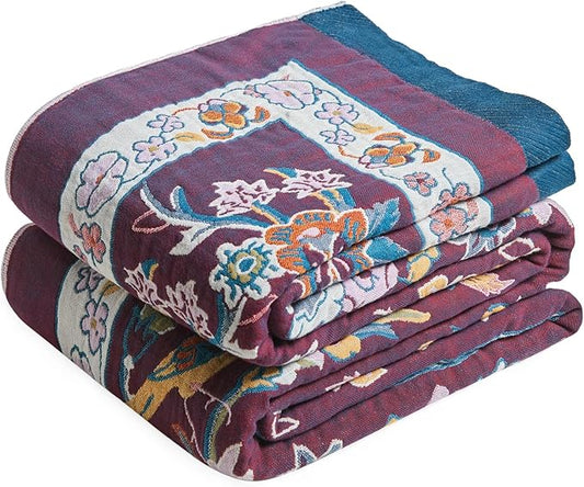 Boho Throw Blanket - 100% Cotton Ultra Soft Muslin Blanket, 50"x60" Lightweight Framhouse Bedding Spring Blanket for Bed, All Season Blue and Purple Floral Bohemian Bedroom Home Decor Quilt