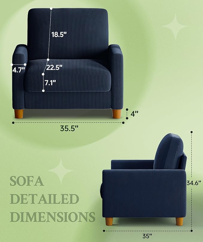 35.3" Couches for Living Room, Comfy Blue Couch Single with 22.5" Deeper Seat, Accent Chair Tool-Free Setup, Reading Chair 440lbs Support, Corduroy Couch for Bedroom, Apartment, Office