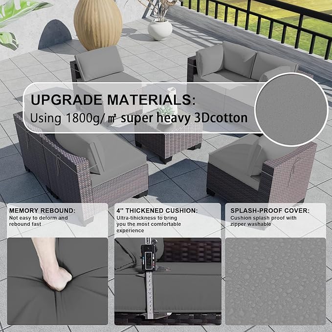 Kullavik 12PCS Outdoor Patio Furniture Set,PE Wicker Rattan Sectional Sofa Patio Conversation Sets with Tempered Glass Table,Swivel Rocking Chairs Set,Grey