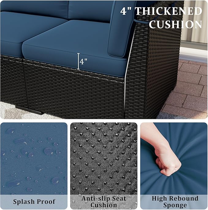 Patio Furniture Set, 7 Pieces Outdoor Sectional Sofa Set with Waterproof Cover, Black PE Wicker Rattan Slanted Back Outdoor Conversation Set with Cushions and Glass Coffee Table, Navy Blue