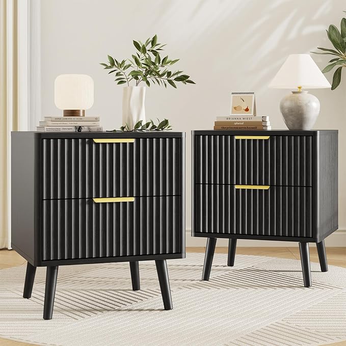 LYNSOM 3 Pieces Queen Bedroom Set, Floating Bed Frame with Smart LED Lights & Nightstand Set of 2, Fluted Bedroom Furniture Set for Home, Bedroom, Black