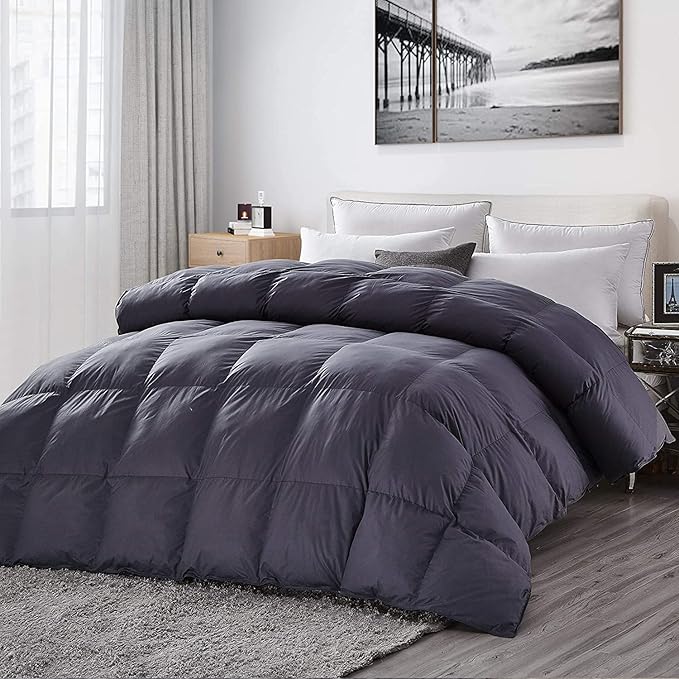 Luxurious Twin/Twin XL Goose Down Comforter, UNIQUE Gray Solid, 600 Thread Count, 100% Egyptian Cotton Cover, 65 Oz Fill Weight, 750 Fill Power