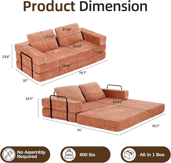 Convertible Sofa Bed, 4-in-1 DIY Combination Modular Couch with Pillows, Comfy Boneless Sleeper Sofa Bed with Fixed-Shape Frame, Chenille Convertible Lounge Couch for Living Room, Orange