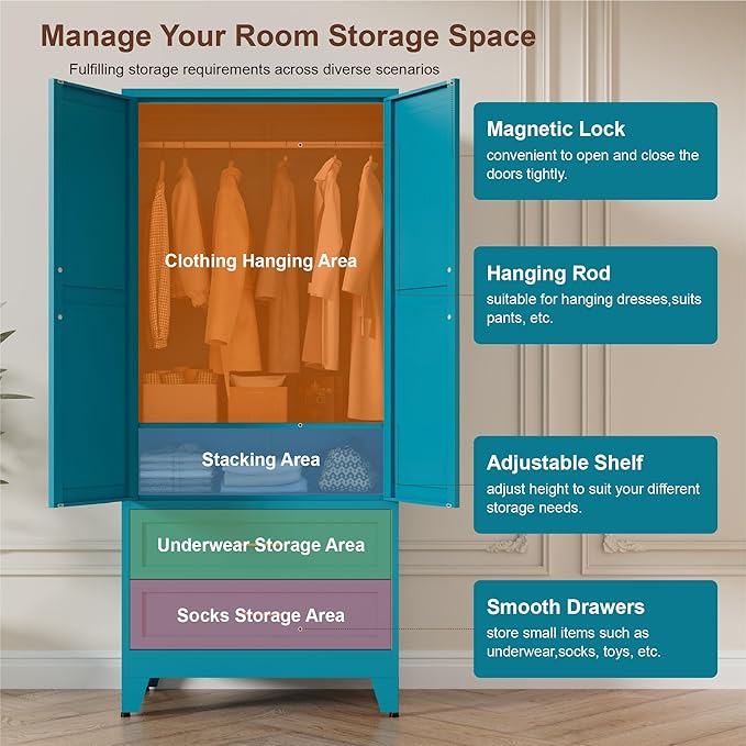 LCAOPC 71" Tall Metal Wardrobe Cabinet with 2 Drawers and Hanging Rod, 2 Doors Armoire Wardrobe Closet with Shelf for Bedroom, Office, Laundry Room, Blue