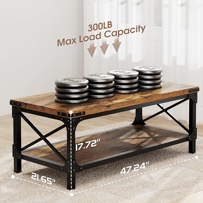 Rectangle Coffee Tables for Living Room, Wood Rectangular Coffee Table, 2 Tier Industrial Modern Center Table with Thickened Tabletop and Metal Frame, 47 inch Long (Rustic Brown)