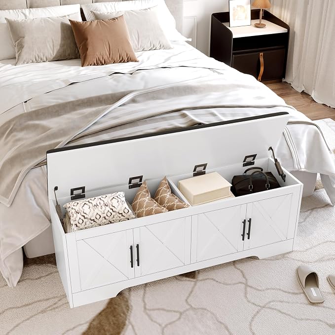 DreamDashio Farmhouse Storage Bench with Lift Top Storage, 47.2" Entryway Bench with Cushioned Seat, End of Bed Bench, Wooden Storage Chest Trunks, for Entryway, Bedroom, Living Room,White - Image 6