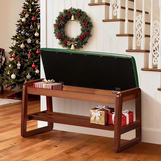 HABUTWAY Solid Wood Shoe Rack with Flip-Top Storage, Entryway Shoe Bench with Cushion, 2 Tier Shoes Storage Organizer for Hallway, Living Room-(Green,31.5"-M) by HABUTWAYMakeYourLifeComfortable