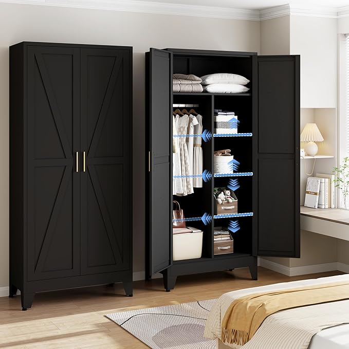 71" Steel Combination Wardrobe Closet, Metal Storage Wardrobe Cabinet with 2 Doors, Hanging Rod & Shelves, Black Metal Armoire Wardrobes Clothing Coat Cabinet for Bedroom, Office, School