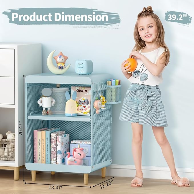 SYKIARIOL Kids Nightstand for Girls, Metal Bedside Table with 4 Hooks & Hanging Basket, 3-Tier Storage Shelf, Toddler Night Stand for Bedroom, Mint Green - Image 2