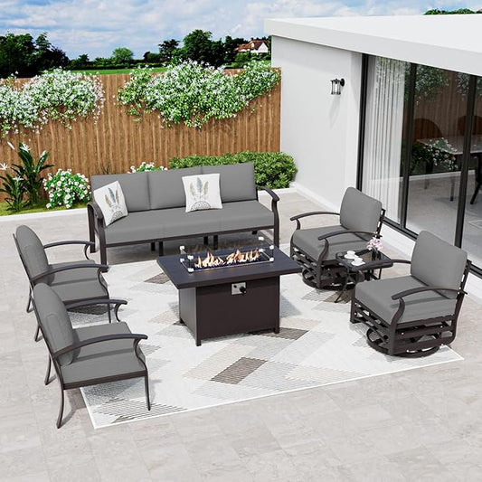 ALAULM Aluminum Patio Furniture Set with Propane Fire Pit Table Metal Outdoor Furniture w/Fire Pit Sectional w/5.1" Cushions and 7 Seats for Backyard, Poolside - Grey