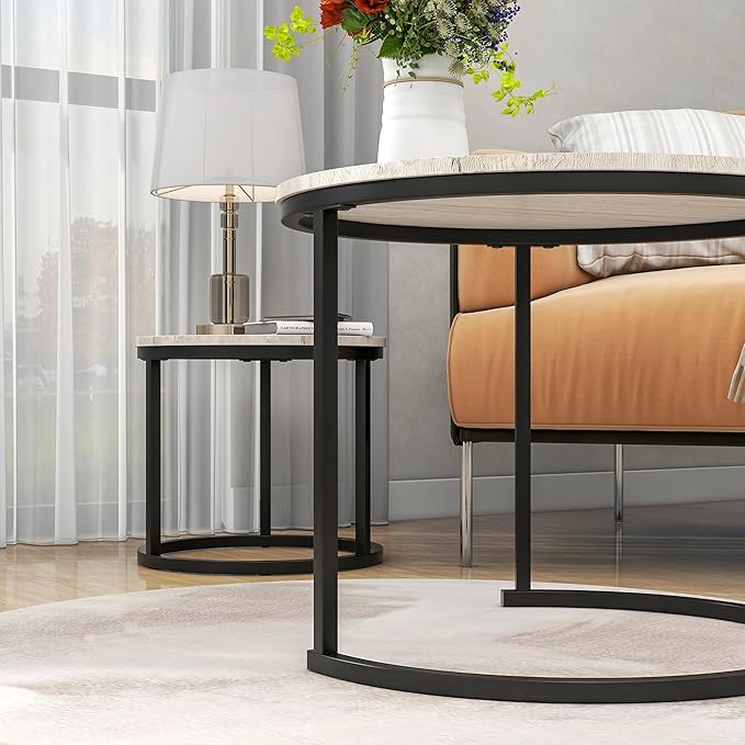 HOJINLINERO Round Coffee Table,Nesting Coffee Table Set of 2,Center Tables for Living Room,Office, Home Small Space,Stacking Side Tables,Sturdy and Easy Assembly,Wood Desktop,Black+White Oak,Small