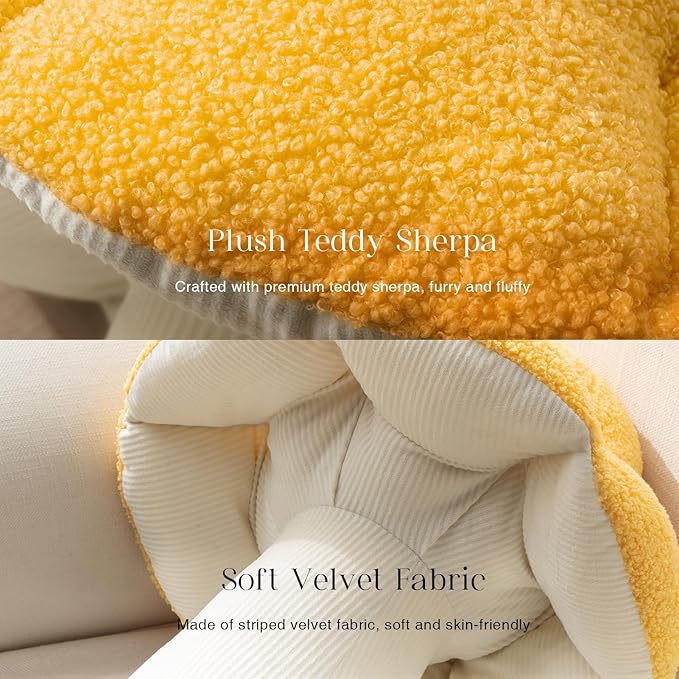 Phantoscope Mushroom Shaped Throw Pillow, Teddy Fleece Soft Mushroom Decorative Pillows Cute 3D Shaped Cushion for Couch Sofa Bed Chair, Yellow,13 x 12 inches