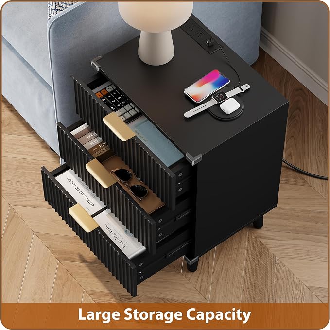 Lulive Wood Nightstand Set of 2 with Charging Station, 3 Drawers Fluted Design, Modern End Table for Bedroom Black - Image 5