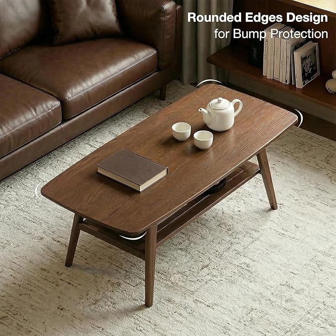 Mid Century Modern Coffee Table: 100% Solid Wood Coffee Table - 2-Tier Storage Design - Space Saving Small Coffee Tables for Living Room, Apartment (Walnut, 31.49")