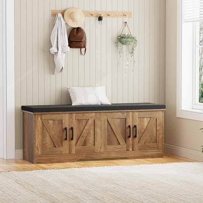 HOMSHO 2-Tier Storage Bench, 47.2" Wide Shoe Bench with Padded Seat Cushion, Entryway Bench with 4 Barn Doors and Adjustable Shelf, Rustic Walnut - Image 8
