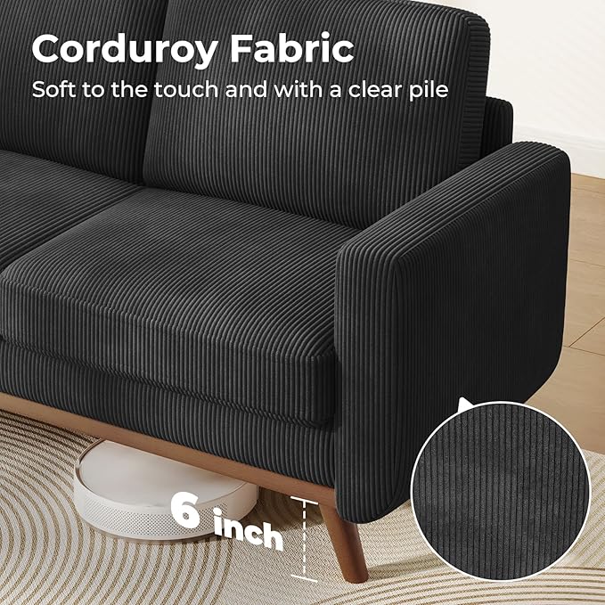 68" Black Corduroy Loveseat Sofa, Comfy Deep Seat Couch with Spring Cushion & Solid Wood Frame, Modern 2-Seater Sofa for Living Room Bedroom Office