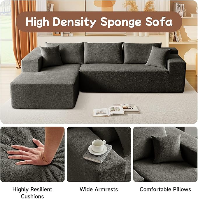 104” Sectional Cloud Couch, L-Shape Compressed Sofa with Left Chaise Lounge, Modular Cloud Couch with 2 Pillows & Deep Seat, Rain Drop Velvet Floor Sofa for Living Room, Dark Gray