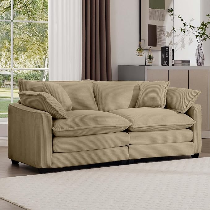 KEIKI 80" Oversized Corduroy Modular Sectional Loveseat Sofa with High-Density Foam Cushions, Removable Armrests, Upholstered Modern 2-Seater Fluffy Corner Couch with 4 Pillow, for Living Room, Tan