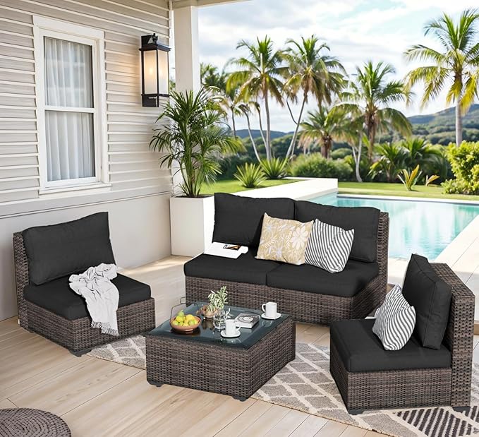 5 Piece Patio Furniture Set All Weather PE Rattan Outdoor Sectional Sofa Couch with No-Slip Cushions and Glass Top Table for Garden, Poolside, Backyard (Black)