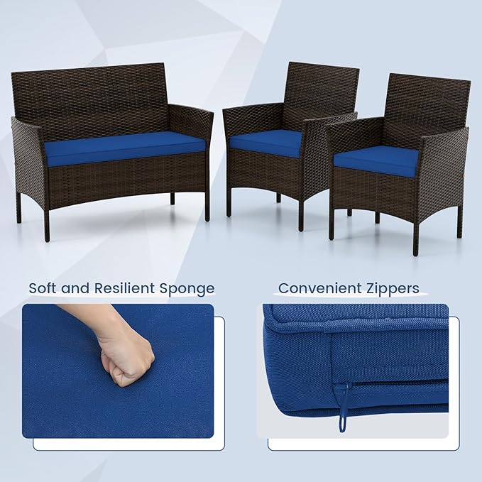 DORTALA Wicker Patio Furniture Set 4 Piece, Outdoor PE Rattan Table & Chairs Set with Tempered Glass Coffee Table, Loveseat, Cushions, Conversation Set for Balcony, Porch, Backyard, Deck, Navy