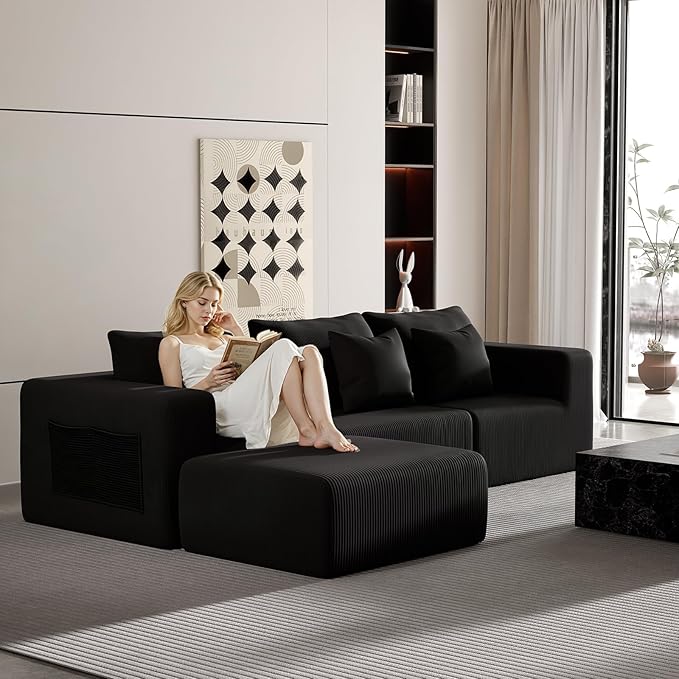 Modern Cloud Sectional Couches for Living Room, Convertible L-Shape Boneless Couches with Ottoman, 3 Seater Corduroy Modular Sectional Sofa with Pockets No Assembly (Black) | Sectional Couches, L-Shape Sofa, with Ottoman, No Assembly Required