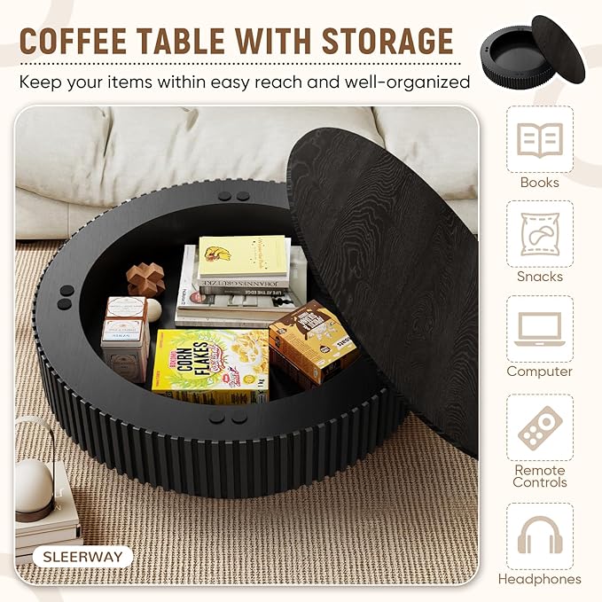 39.37'' Round Coffee Table with Storage, Modern Wooden Fluted Circle Coffee Table Unique Drum Center Table Wood Circular Tea Table for Living Room, Small Apartment, Office, Black