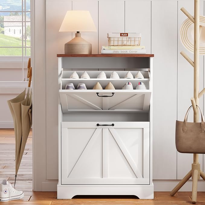 Semiocthome Farmhouse Shoe Storage Cabinet with 2 Flip Drawers, 23.6"(W) Freestanding Shoe Organizer with Barn Door and Metal Handles for Entryway, Rustic Narrow Slim Shoe Rack Cabinet - White - Image 3