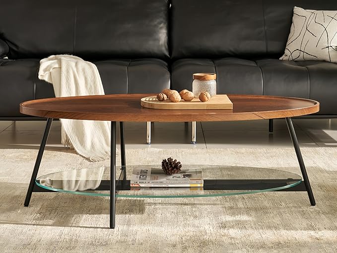 Shrine Glass Coffee Table, Black Walnut Table for Living Room, Glass and Wood Table, 43.3" D x 21.6" W x 15.7" H, Clear Glass Base, Walnut Wood Top&Black Metal Frame