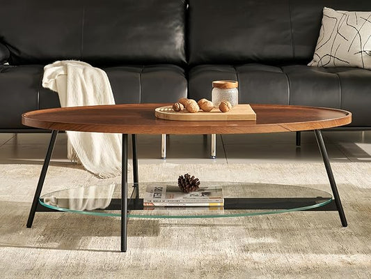 Shrine Glass Coffee Table, Black Walnut Table for Living Room, Glass and Wood Table, 43.3" D x 21.6" W x 15.7" H, Clear Glass Base, Walnut Wood Top&Black Metal Frame