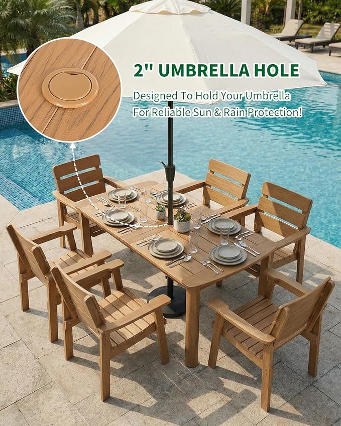7-Piece Outdoor Dining Set, All-Weather HIPS Patio Table & Chairs for 6, Outdoor Furniture with Umbrella Hole, Ideal for Garden, Poolside, Backyard, Deck, Teak - Image 3