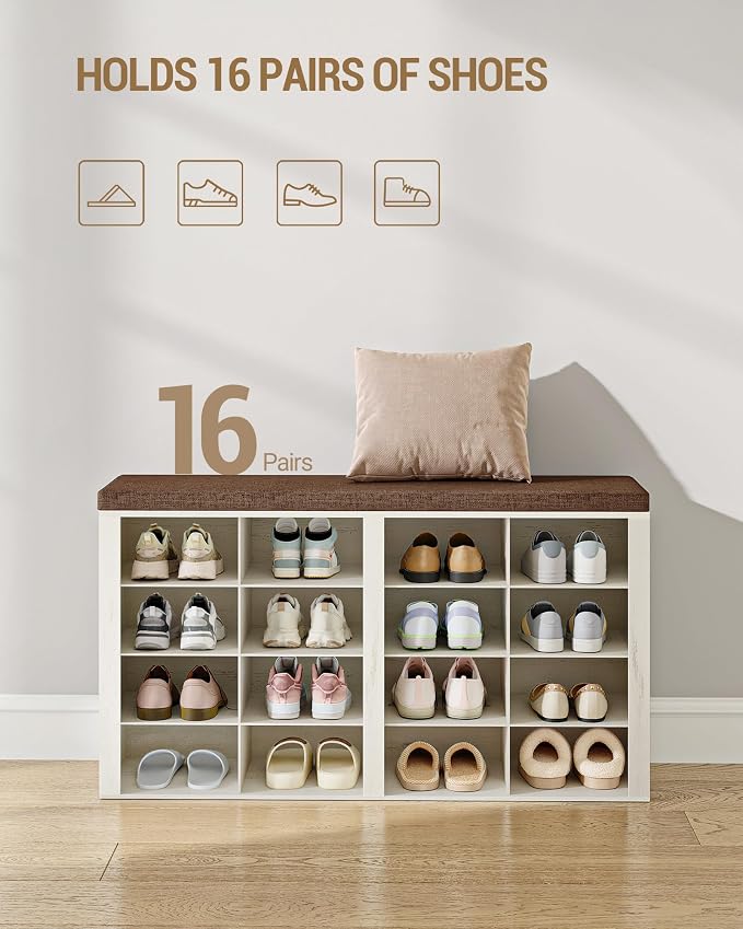 Hzuaneri Shoe Bench with Cushion, Entryway Storage Bench with 16 Cubbies, Cubby Shoe Rack with Adjustable Shelves, Shoe Organizer Cabinet for Living Room, Bedroom, Entryway, Rustic White SB25614KA - Image 8