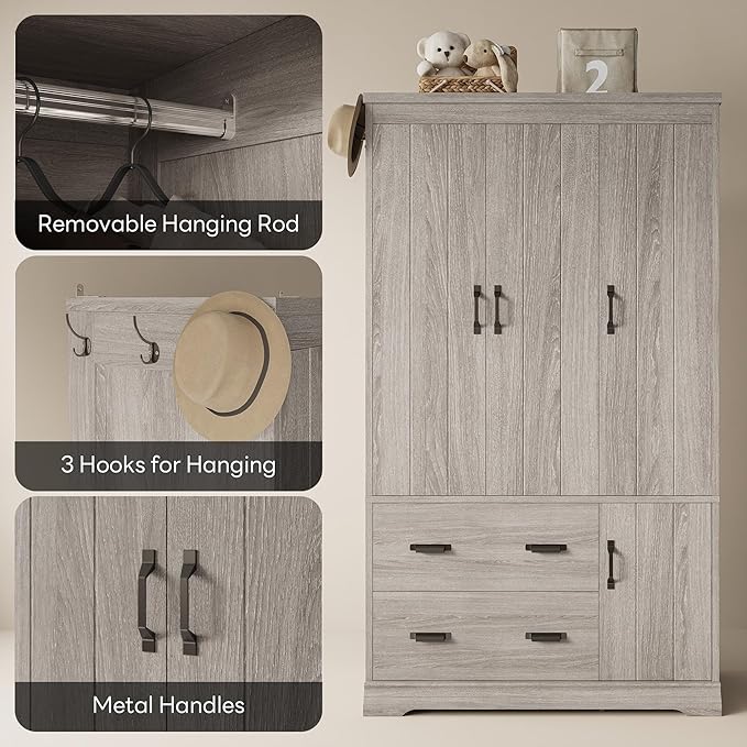 LIKIMIO Wardrobe Closet, 70" Tall 4 Doors Large Wooden Closet with 2 Drawers, 3 Shelves Bedroom Armoire with Hanging Rod, Freestanding Storage Cabinet for Hanging Clothes, Grey