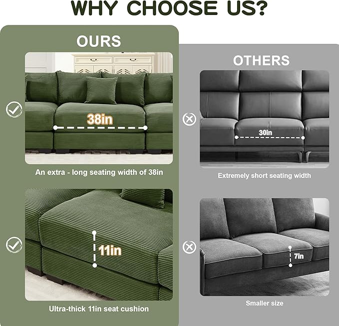KEIKI 168" L-Shaped Oversized Corduroy Modular Cloud Sectional Sofa with 1 Ottoman, High-Density Foam Cushion, Extra-Thick Armrest, 4-Seater Fluffy Corner Couch with 12 Pillow, for Living Room, Green