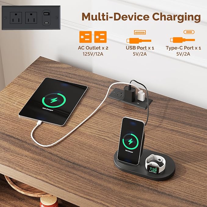 VINGLI Fluted Nightstand Set of 2 with Charging Station, 23.6" W Mid Century Modern Nightstand for Bedroom, 2 Drawer Bedside Table, End Tables Bedroom, Wood Side Table, Brown - Image 6