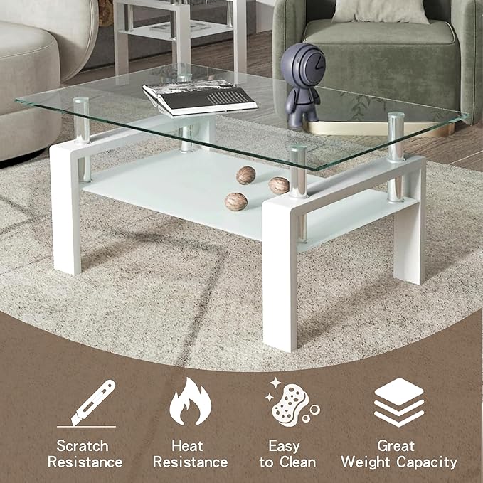 39.4'' Rectangle Glass Coffee Table, White Coffee Table with Tempered Glass & Metal Legs, 2-Tier Modern Center Table with Storage Shelf, Clear Glass Coffee Tables for Living Room, Apartment, Office