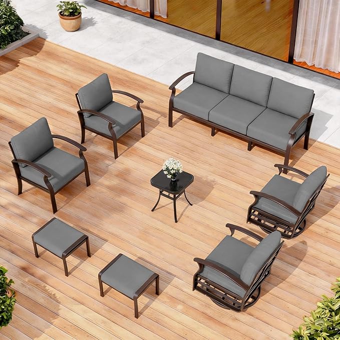 ALAULM Aluminum Patio Furniture Set with 2 Swivel Chairs 9-seat Metal Outdoor Furniture Patio Sectional Sofas Patio Conversation Set w/2 Ottomans for Patio, Backyard, Poolside-Grey