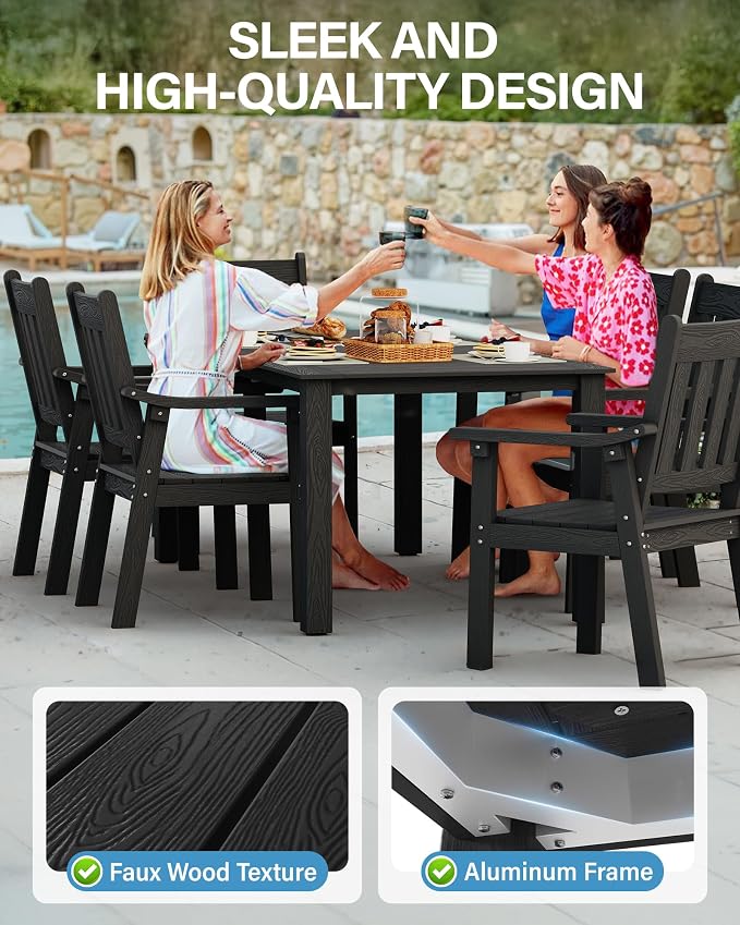 YEFU HIPS Patio Table Set: 10 Piece Outdoor Table and Chairs Dining Furniture Set with Umbrella Hole - Black Modern Plastic Dining Sets 8 Person for Outside Deck with Metal Aluminum Frame - Image 4