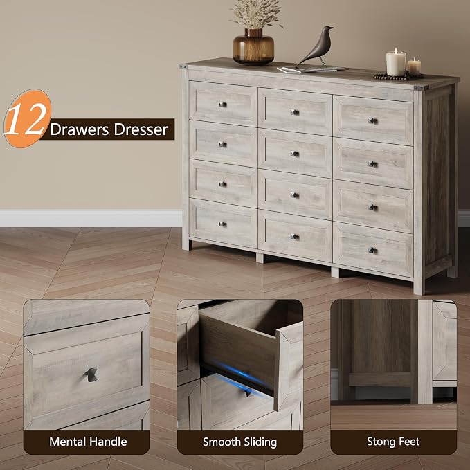 Dresser for Bedroom with 12 Drawers, Farmhouse Wood Chest of Drawers, Wide TV Stand Closet Storage Furniture with Metal Handle, Modern Clothes Organizer for Hallway, Living Room, Entryway, Light Grey - Image 5