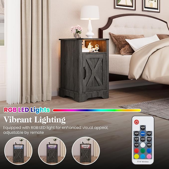 RoyalCraft 25" Tall Nightstands Set of 2, Farmhouse LED Nightstand with Charging Station, Wood End Table with Storage, Bedside Table for Bedroom, Dark Grey - Image 3