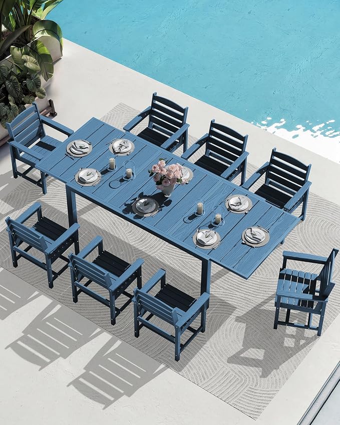 SERWALL 10-Piece Patio Dining Sets with 15FT Patio Umbrella, 60" - 83" Expandable Outdoor Dining Table and 8 HDPE Chairs, All Weather HDPE Outdoor Furniture Set (Umbreall Base not Included) - Image 8