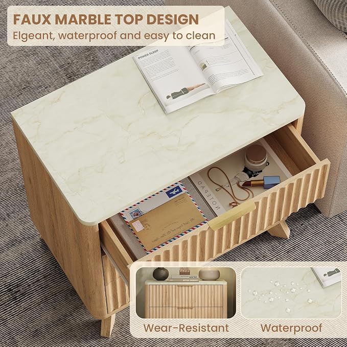 24" Tall Fluted NightStand,3 Drawers End Table with Faux Marble Top,Modern Side Table with Storage, Night Stand Wood Bedside Tables for Bedroom,Curved Profile Design,Natural Oak - Image 7