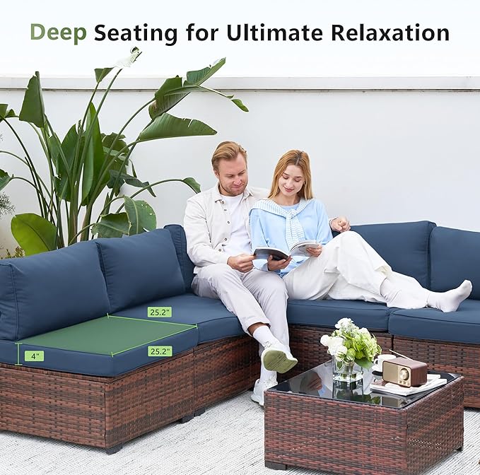 Amopatio Patio Furniture Set with Waterproof Cover, Modular Outdoor Sectional 7 Piece Wicker Patio Set, Multiple Combinations Outdoor Sofa w/Coffee Table, Navy Blue