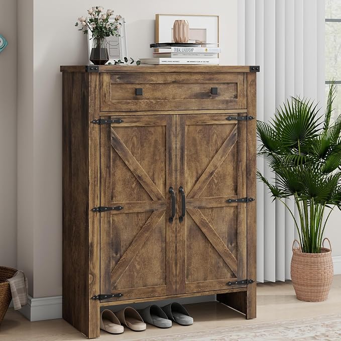 Halitaa Shoe Cabinet, Farmhouse Shoe Storage Organizer, Shoe Storage Cabinet with Doors & Drawer, Boots High-Shoe Cabinet Organizer for Entryway Living Room Hallway, Brown - Image 3