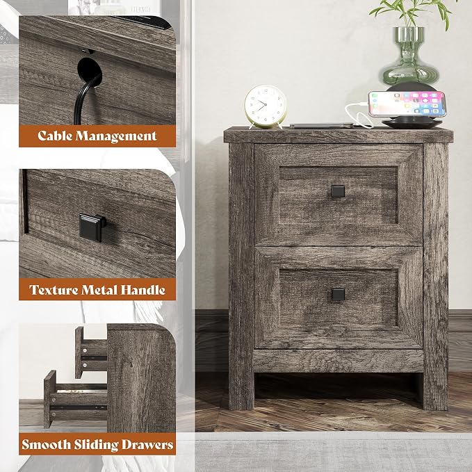 AMERLIFE Nightstand Set of 2 with Charging Station, Rustic Bedside Table with Drawers Storage, Farmhouse Wood Night Stand for Bedroom, Rustic Grey - Image 5
