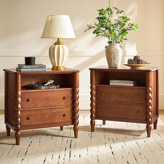 HULALA HOME Farmhouse Storage End Table Set of 2 with Spindle Columns, 2 Drawers and Open Shelf Side Table, Solid Wood Fluted Side Table with Charging Station, Brown by HULALAHOME