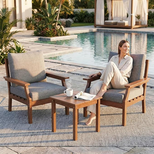 HDPE Patio Conversation Set, 3-Piece All Weather Outdoor Furniture Set with 2 Single Sofas for Deck, Lawn, with Cushion, Brown