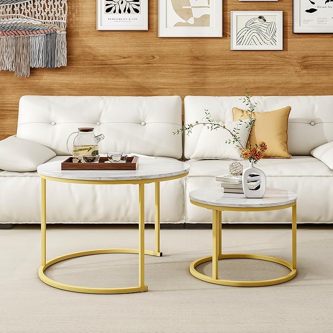 HOJINLINERO Round Coffee Table,Nesting Coffee Table Set of 2,Center Tables for Living Room,Office, Home Small Space,Stacking Side Tables,Sturdy and Easy Assembly,Wood Desktop,Golden+White,Large