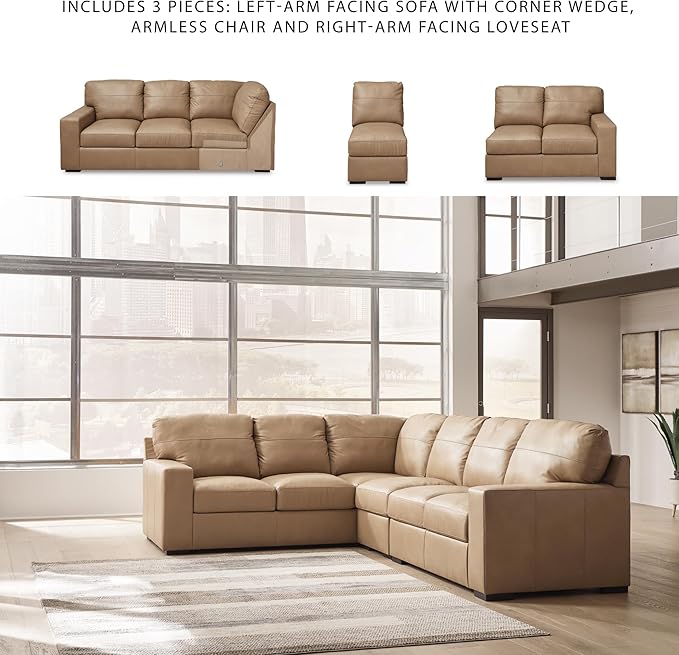 Signature Design by Ashley Bandon Modern Leather Match Left-Arm Facing 3-Piece Sectional with Removable Cushions and Armrest, Light Brown
