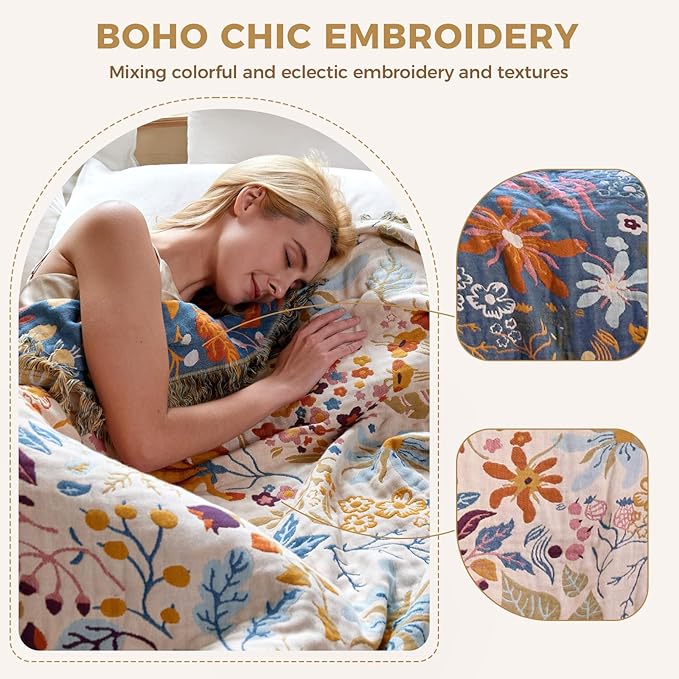 LUTBM Boho Throw Blanket with Florals & Leaves Embroidery Reversible Lightweight Cotton Gauze Throws for Couch,Bed,Sofa & Chair Decor - Bohemian Living Room Accent Gift 60"x80"